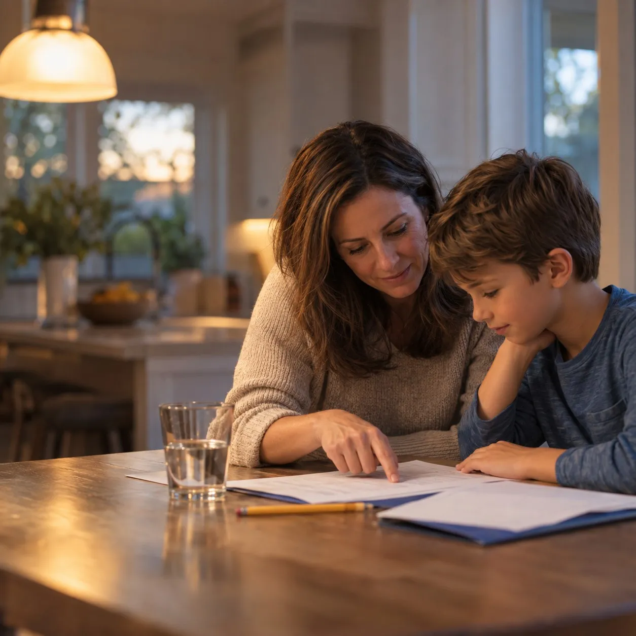 A parent and child look over school papers together at a kitchen table.