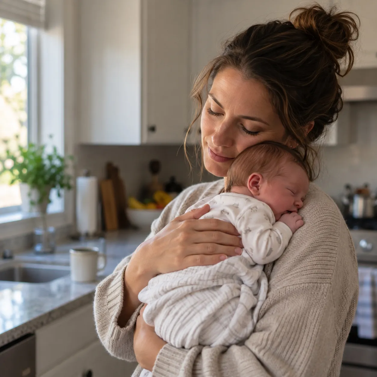 A mother holds her sleeping newborn against her shoulder in her kitchen.