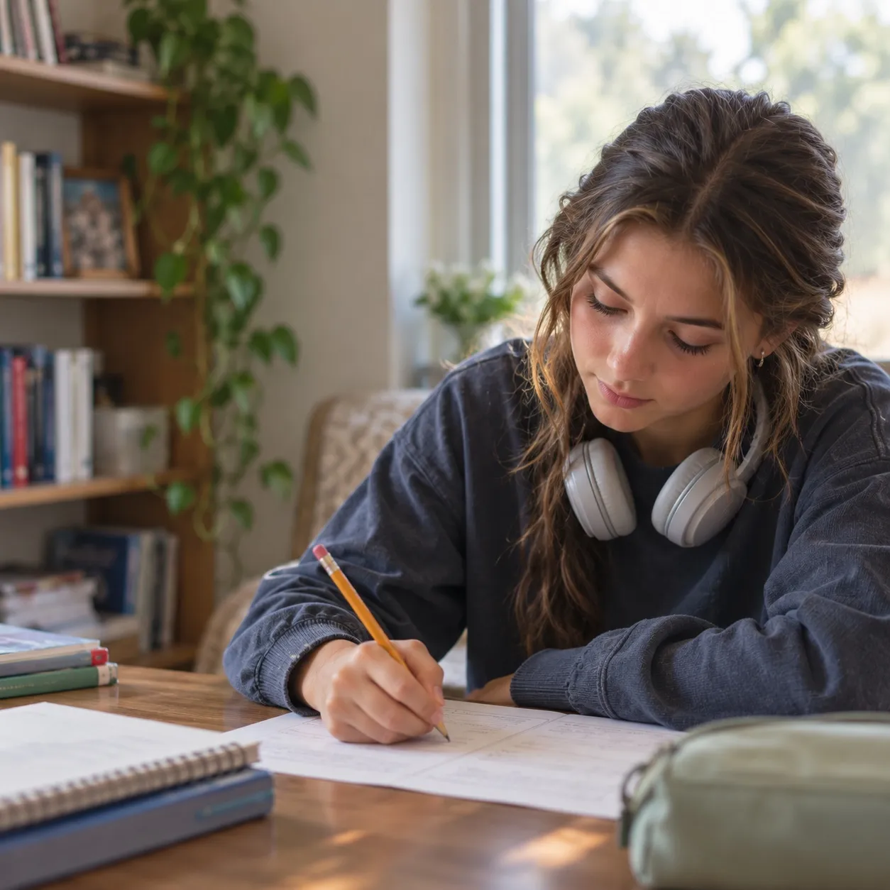 A teenage girl writes on a worksheet at a table by a window, headphones around her neck.