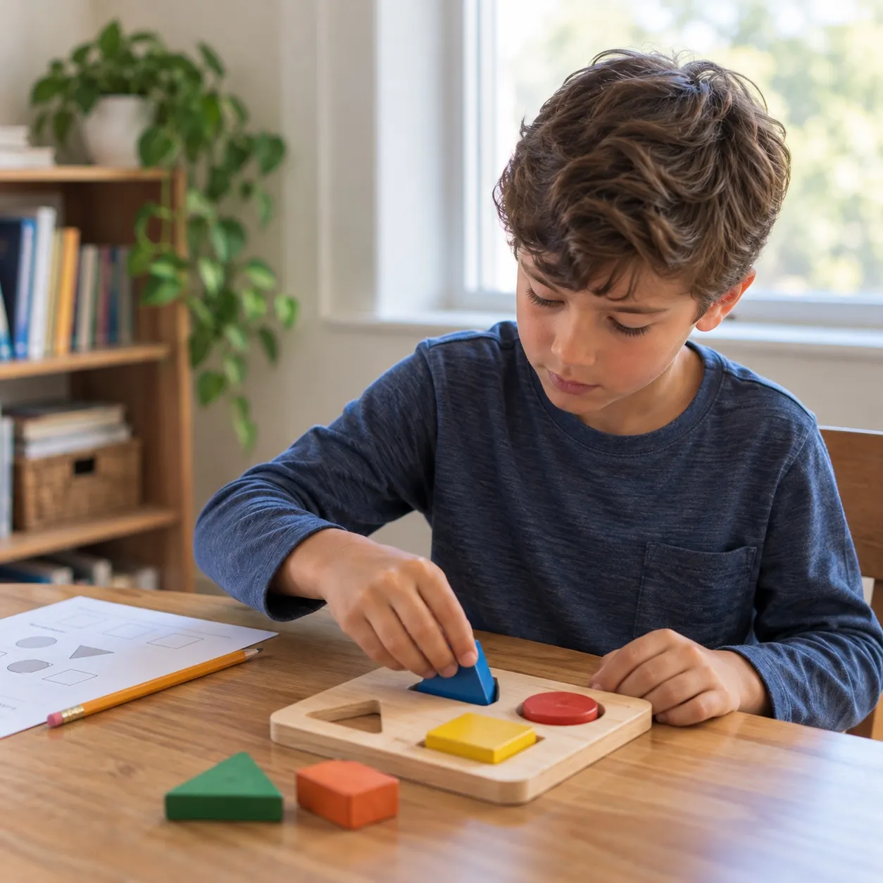 A boy fits wooden shapes into a puzzle board at a table by a window.