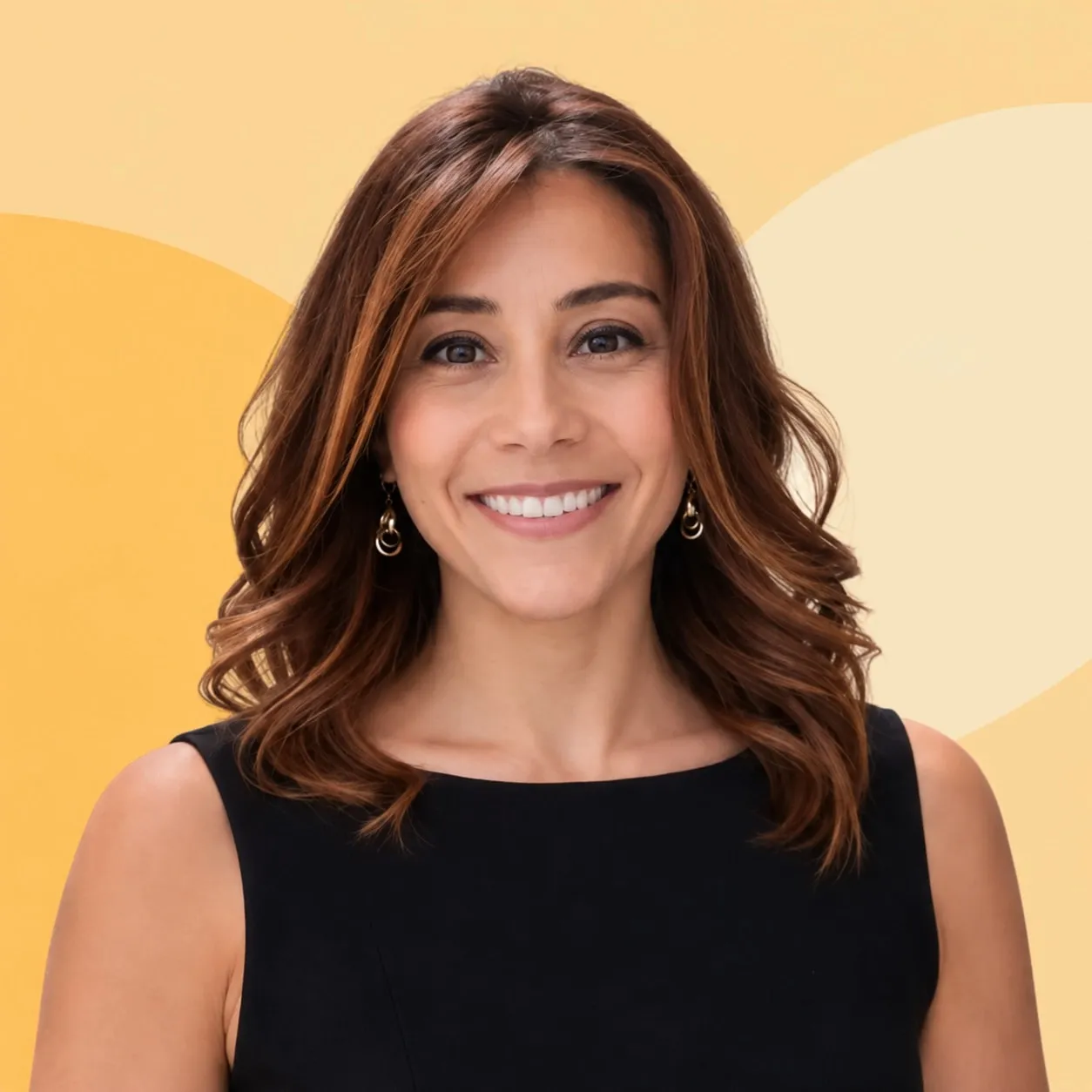 Dr. Erica Bailen, smiling, with long brown hair and a black sleeveless top, against a pale peach background.