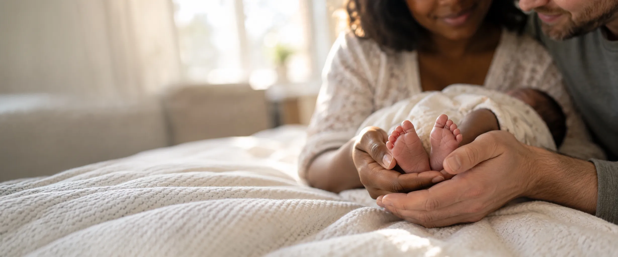 Two parents cradle their newborn's feet in their hands on a blanket.