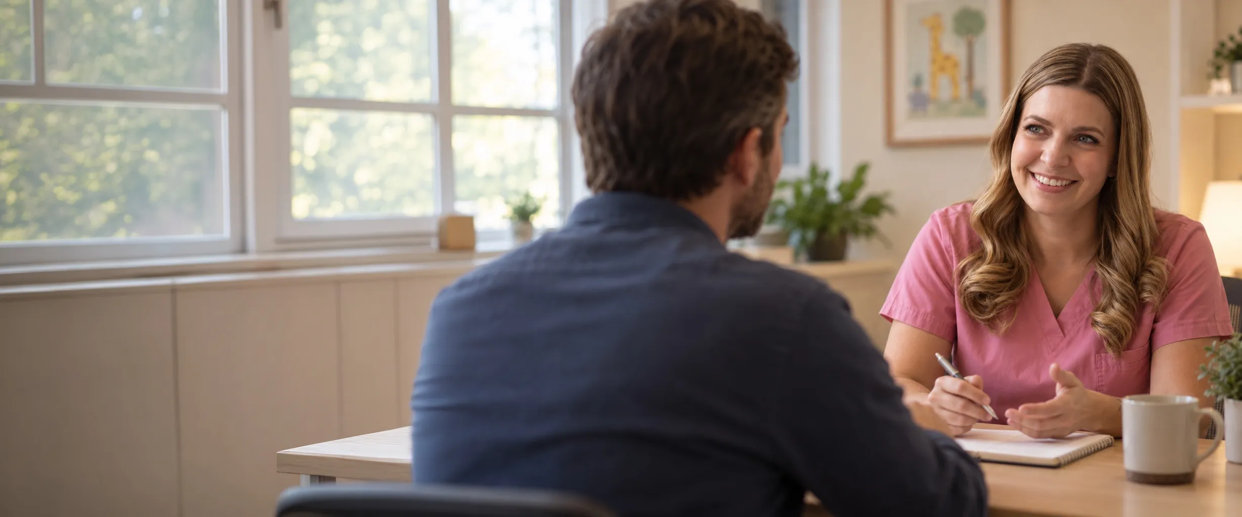 Dr. Meagan Peek talks with a father across a desk in her office.