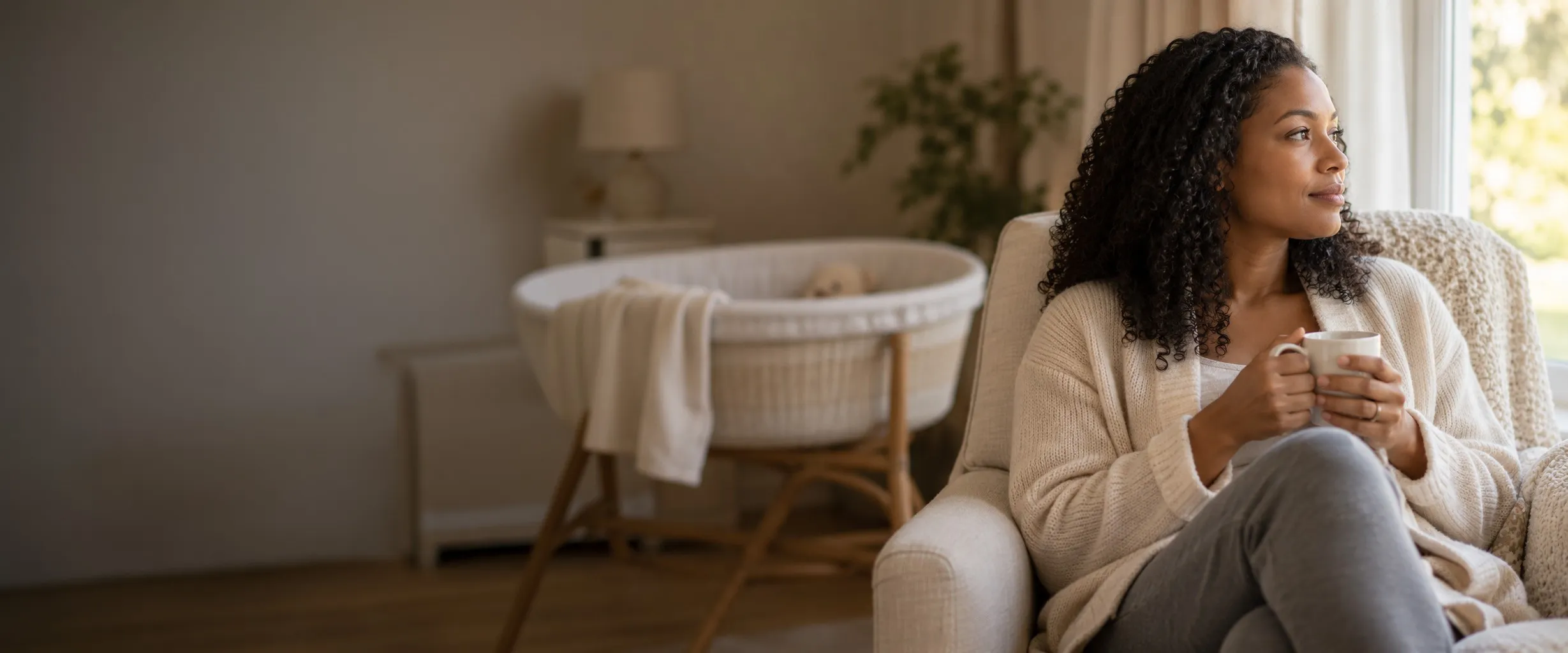 A mother sits with a mug by a window, a bassinet beside her.