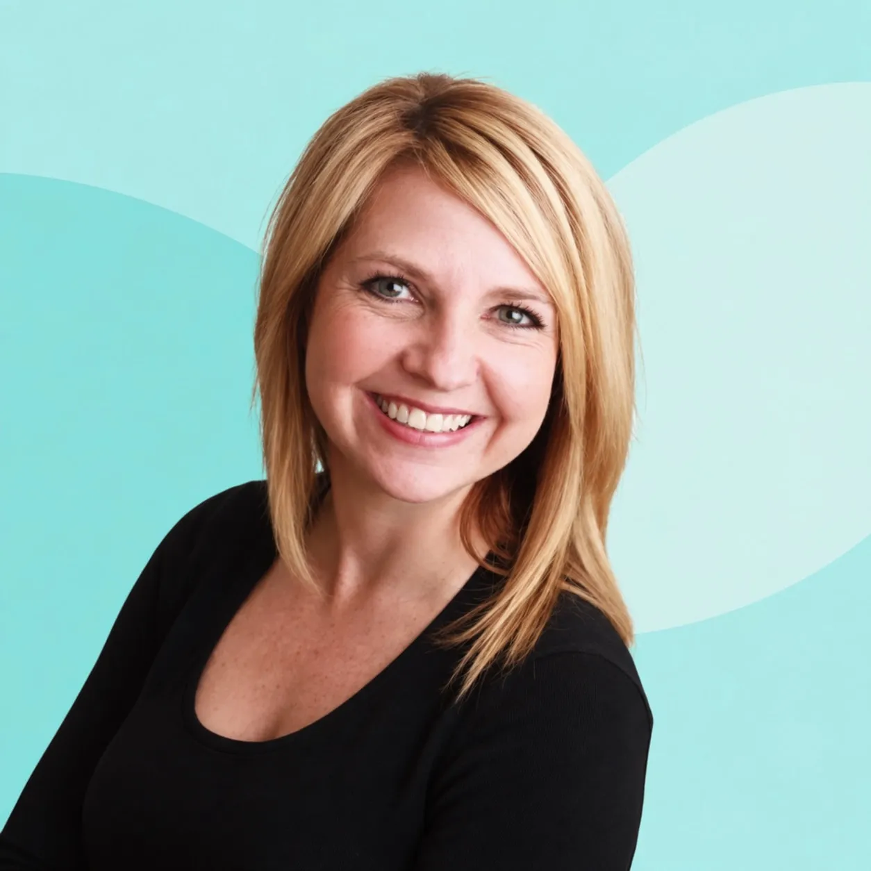 Jennifer Sanders, smiling, with shoulder-length blonde hair and a black top, against a pale mint background.